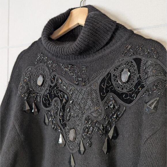 SOLD Vintage 90s beaded silk angora knit turtleneck glam sweater - Picture 4 of 7